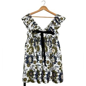 Floral Ruffle Mini Dress Green & Blue With Black Bow Women’s Large NWT